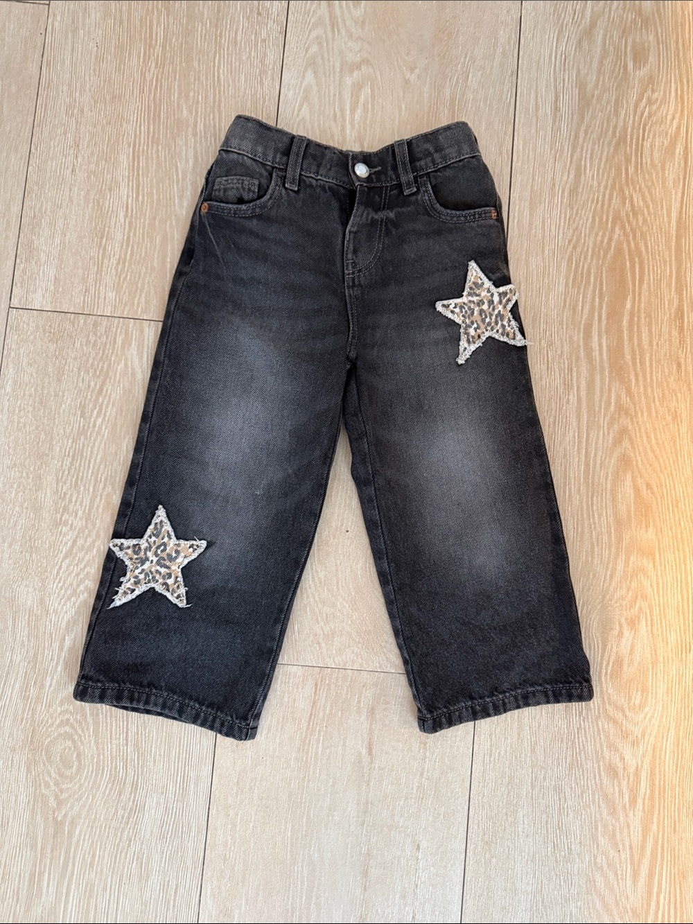 Zara Kids Black Ankle Denim Jeans with Leopard Star Patches
